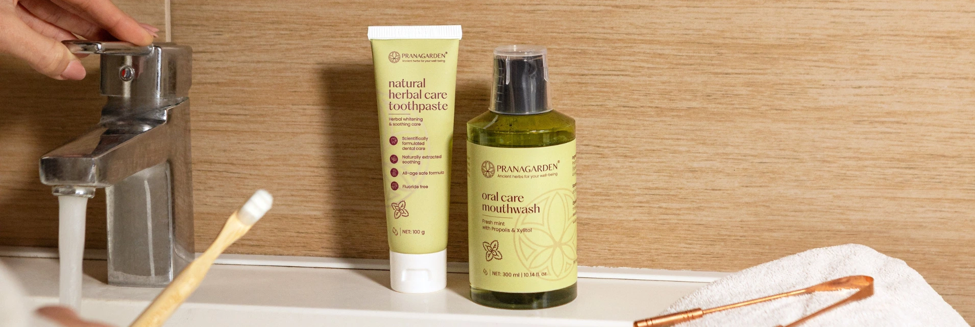 Pranagarden szájápolási készítmények egy fürdőszobában