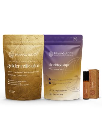   Aranytej-Ashwagandha Latte, Shankhpushpi, Vetiver illóolaj csomag